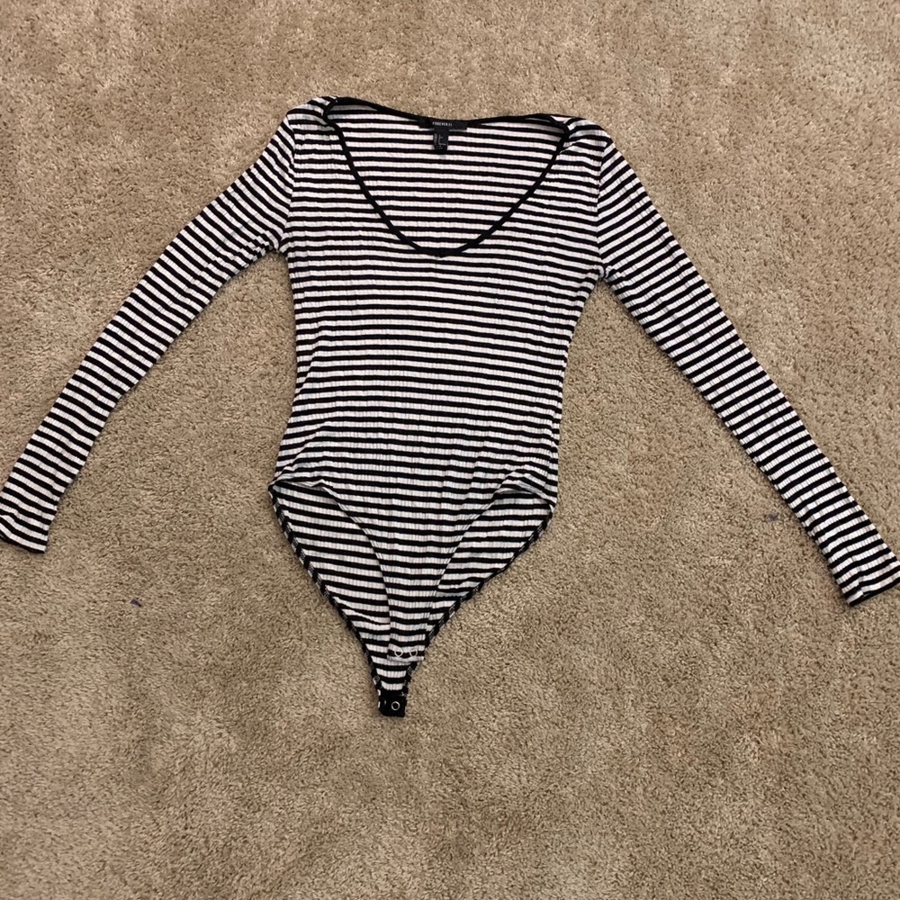 Stripe Ribbed Deep Scoop Neck Body Suit
